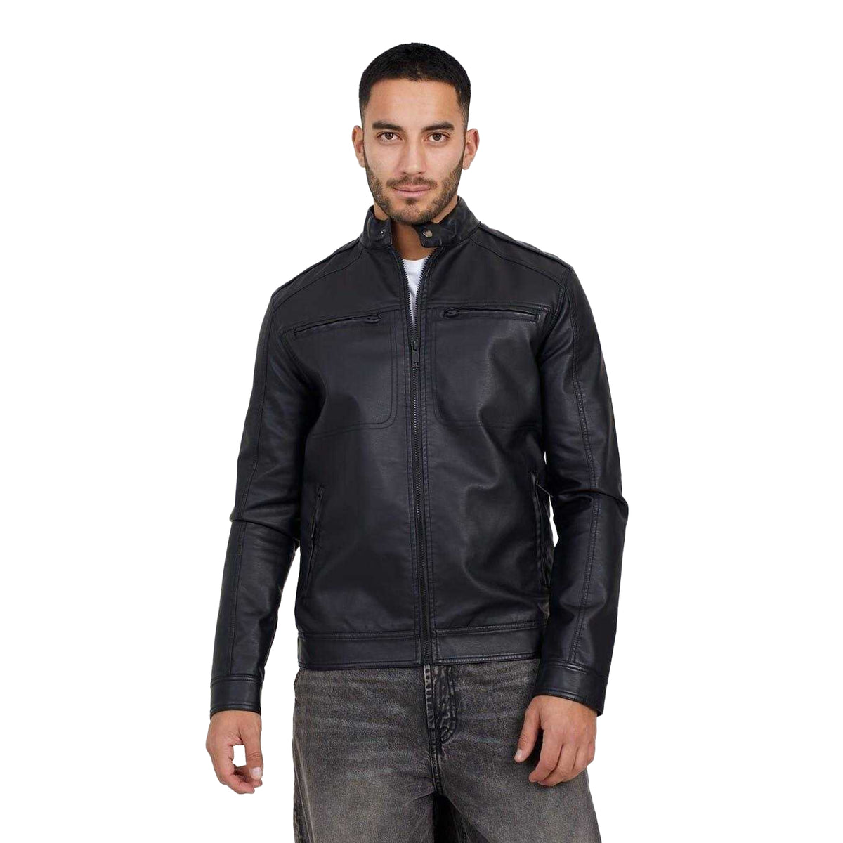 Black - Front - Brave Soul Mens Faux Leather Jacket