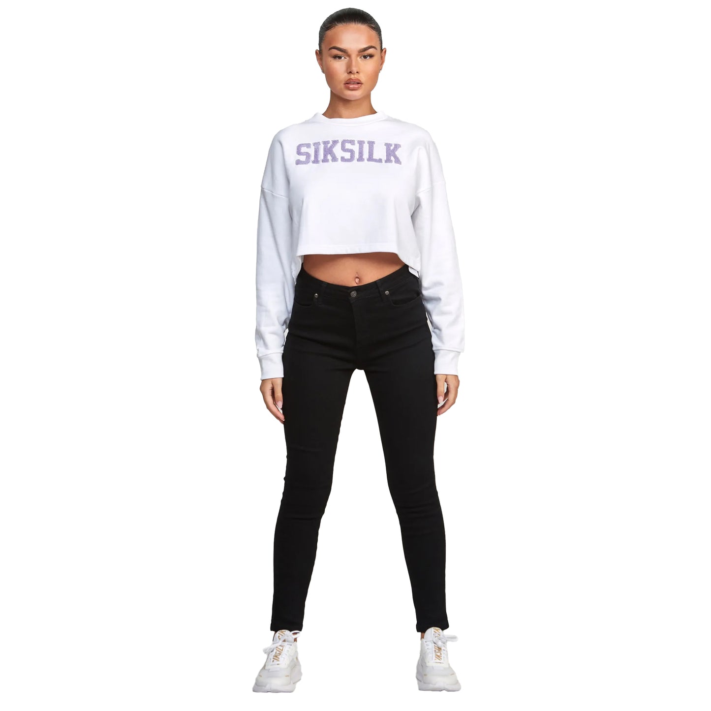 White - Side - SikSilk Womens-Ladies Varsity Crop Sweatshirt