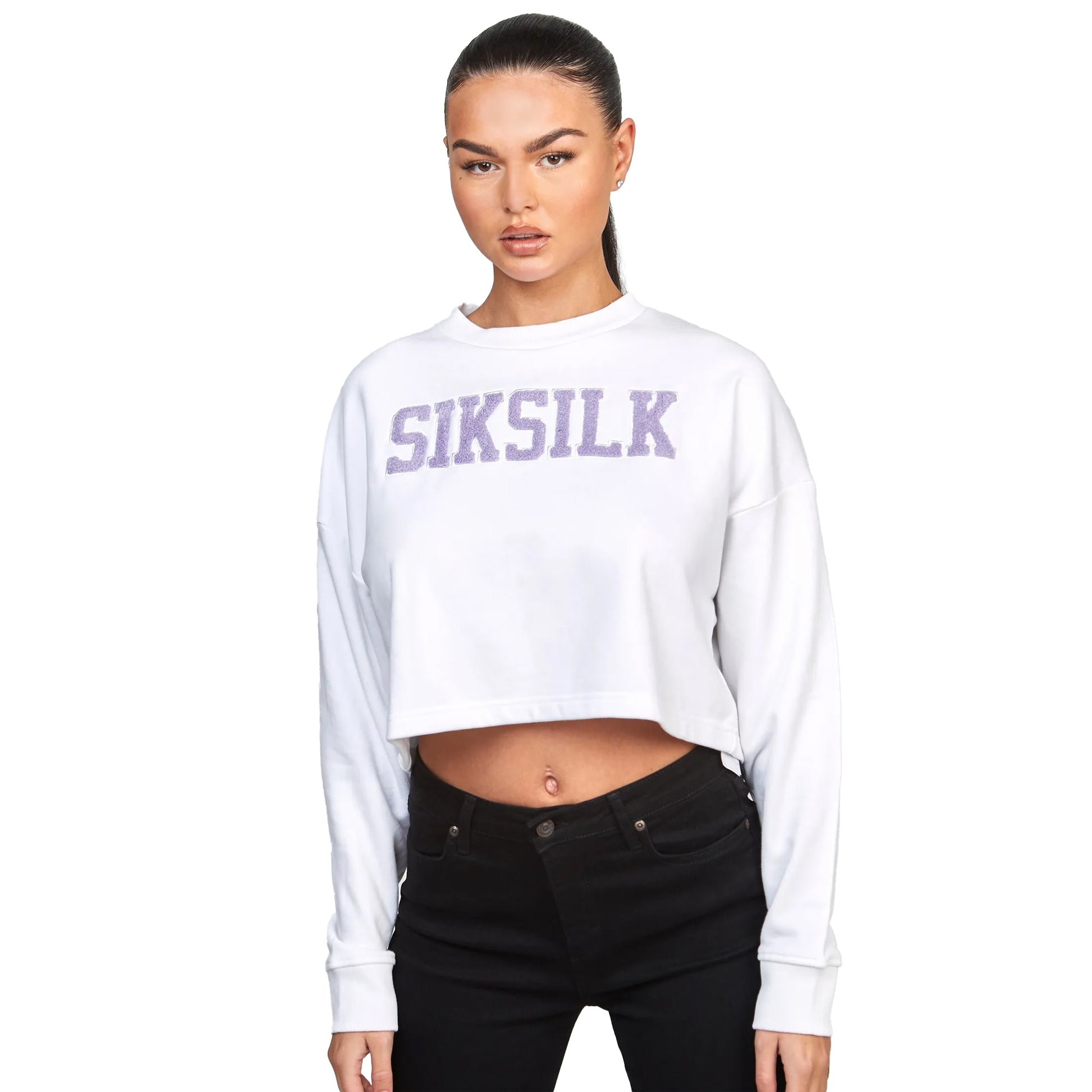 White - Front - SikSilk Womens-Ladies Varsity Crop Sweatshirt