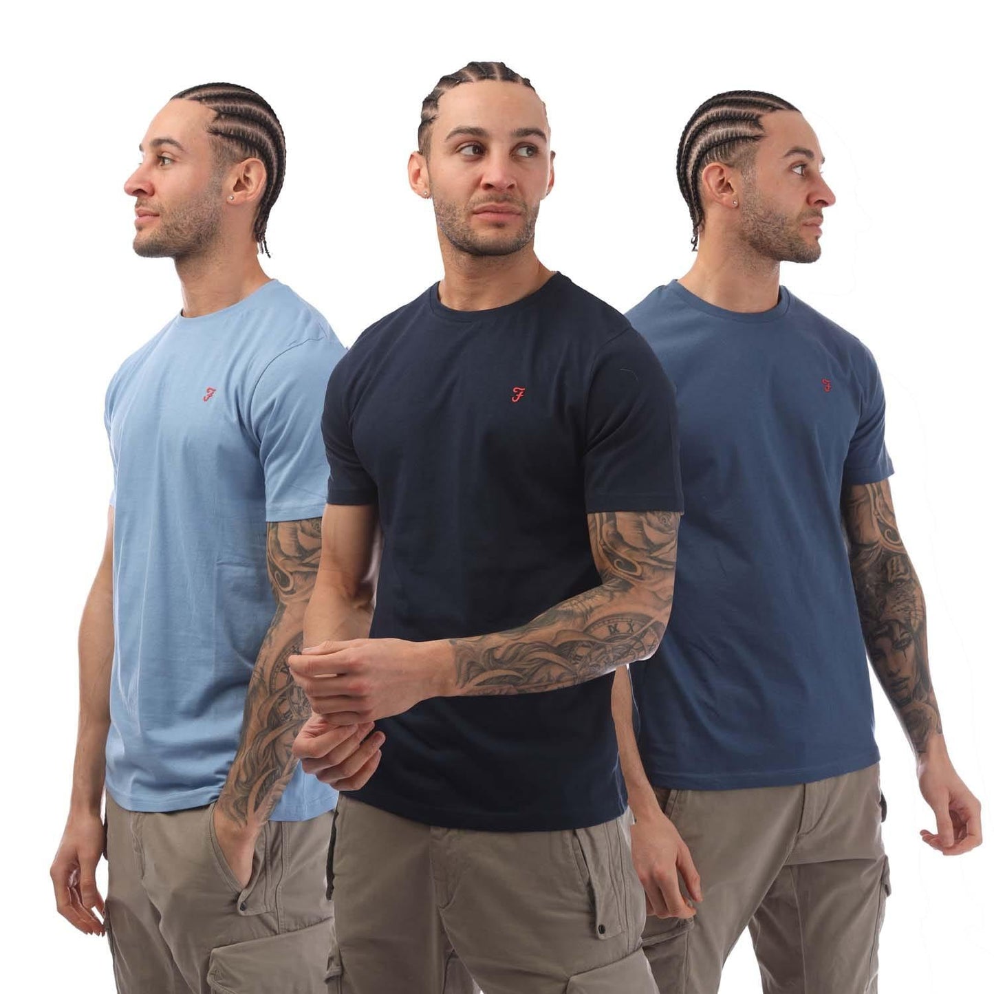 Light Blue-Navy Blue-Slate Blue - Front - Farah Mens Labo T-Shirt (Pack of 3)