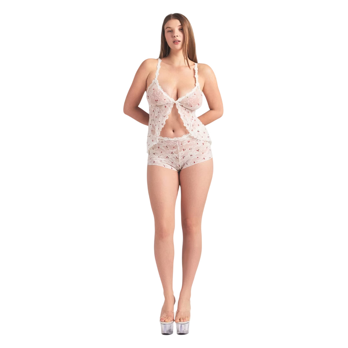 Ivory-Cherry - Lifestyle - Skims Womens-Ladies Cherry Lace Stretch Top