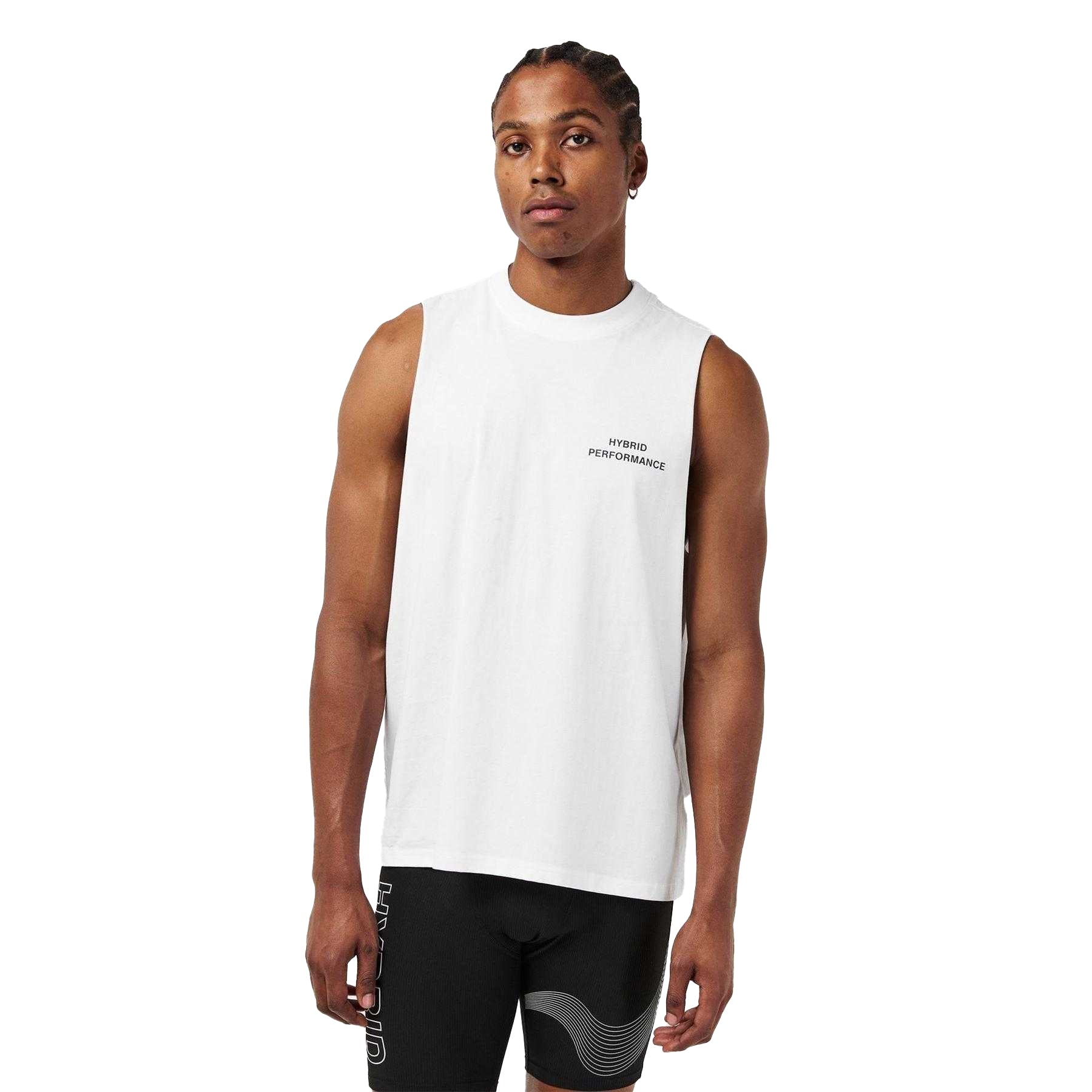 White - Lifestyle - Hybrid Performance Mens Graphic Print Performance Sleeveless Gym Vest Top