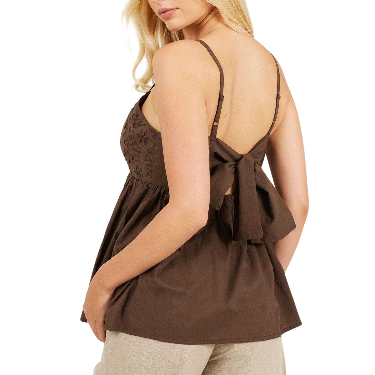 Brown - Back - Brave Soul Womens-Ladies Broderie Vest Top