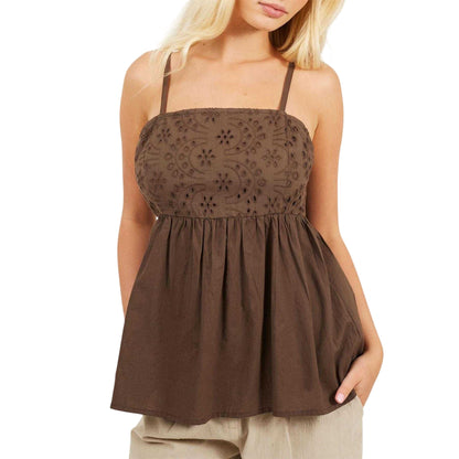 Brown - Front - Brave Soul Womens-Ladies Broderie Vest Top