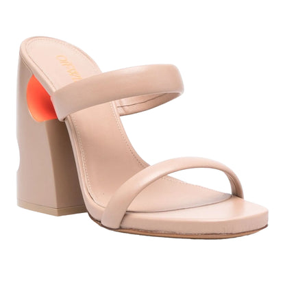 Beige-Orange - Side - Off White Womens-Ladies Leather High Block Heel Mules