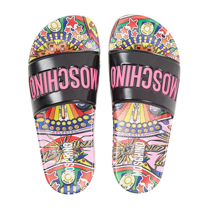 Black - Side - Moschino Womens-Ladies Open Toe Flat Sliders