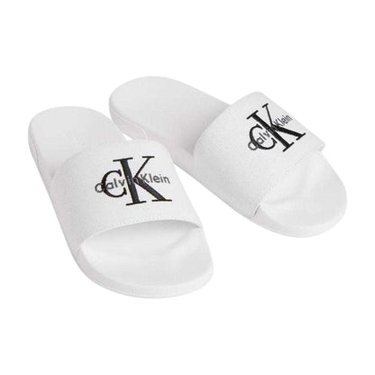 Bright White-Black - Side - Calvin Klein Womens-Ladies Flat Sliders