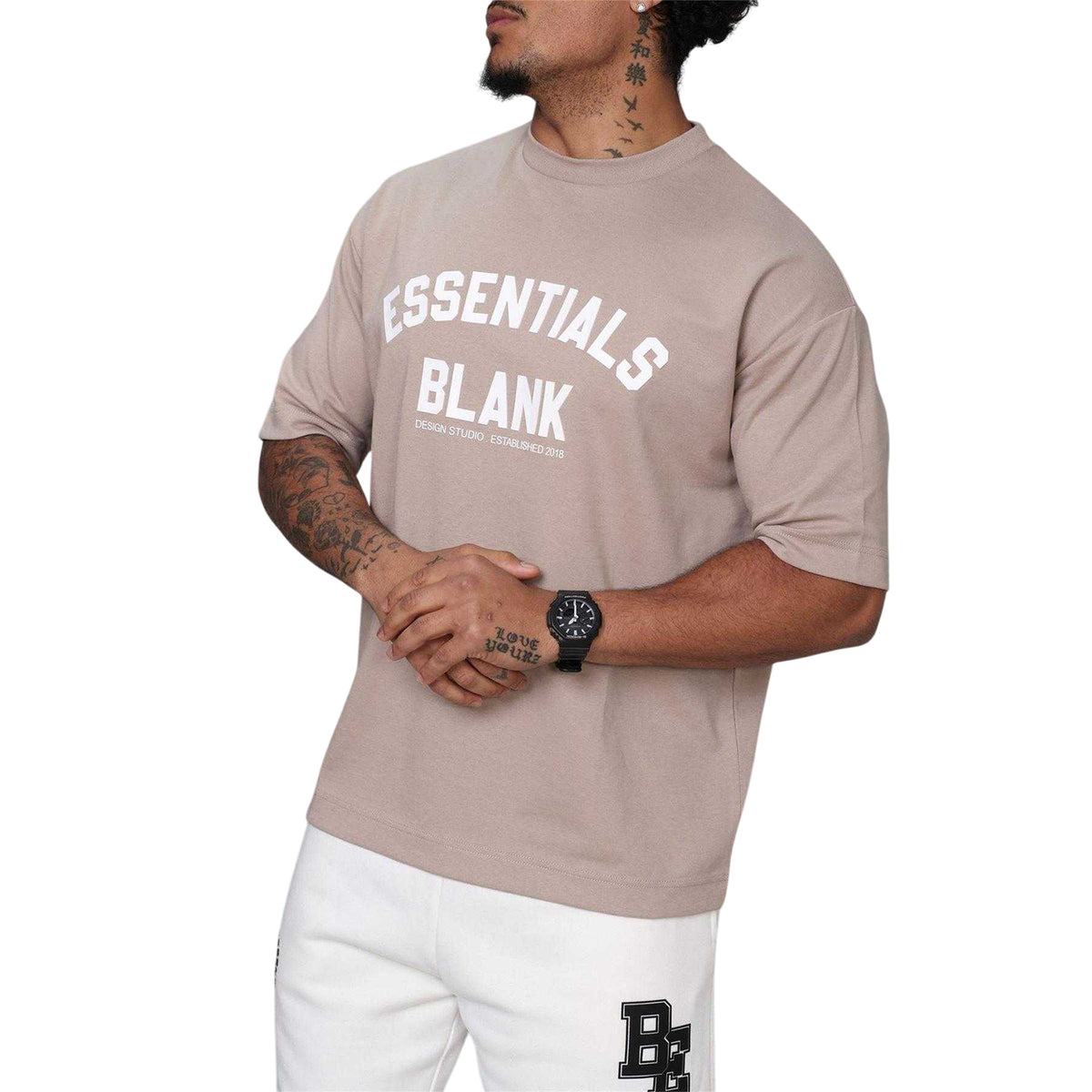 Taupe - Side - Blank Essentials Mens Collegiate Arch Oversized T-Shirt