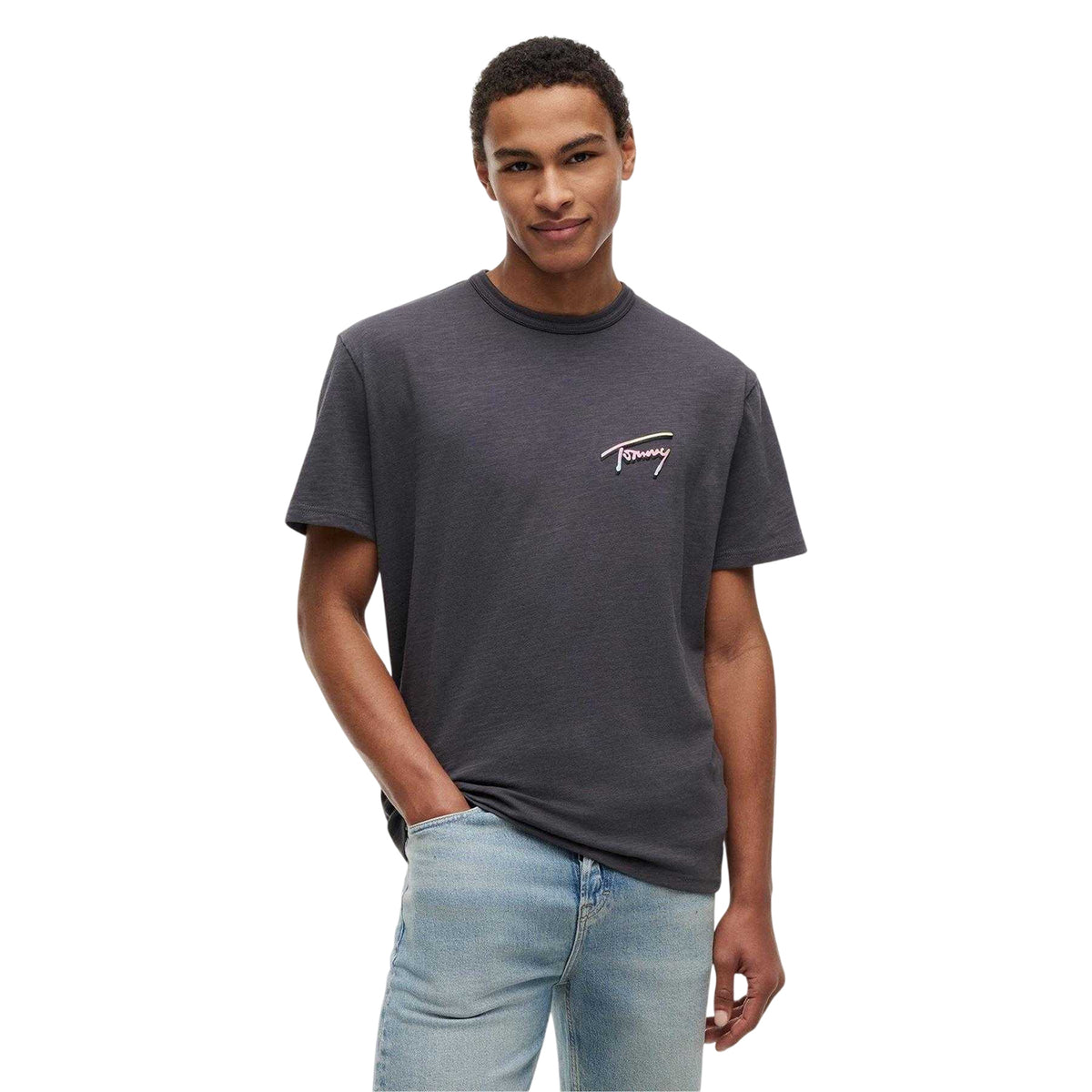 Washed Black - Side - Tommy Jeans Mens Signature Logo T-Shirt