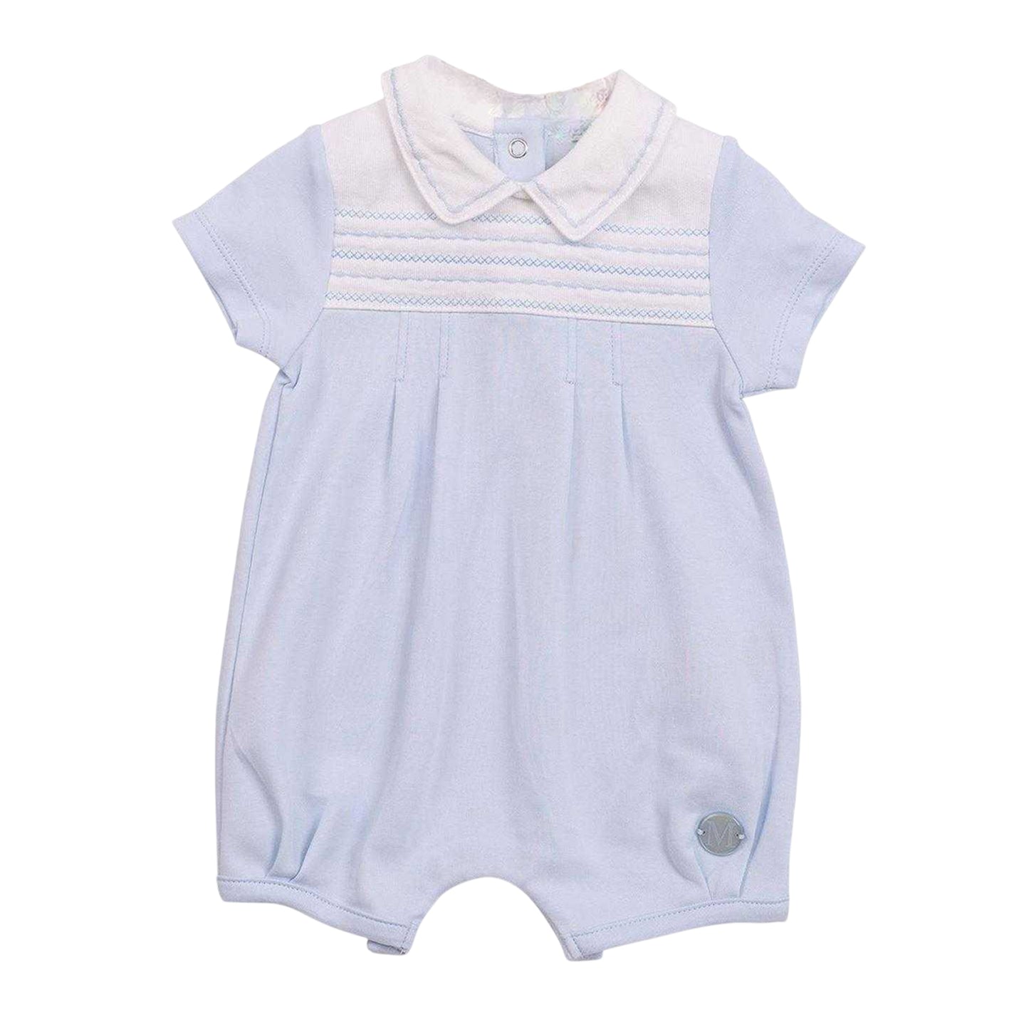 Blue - Front - Mintini Baby Embroidered Romper