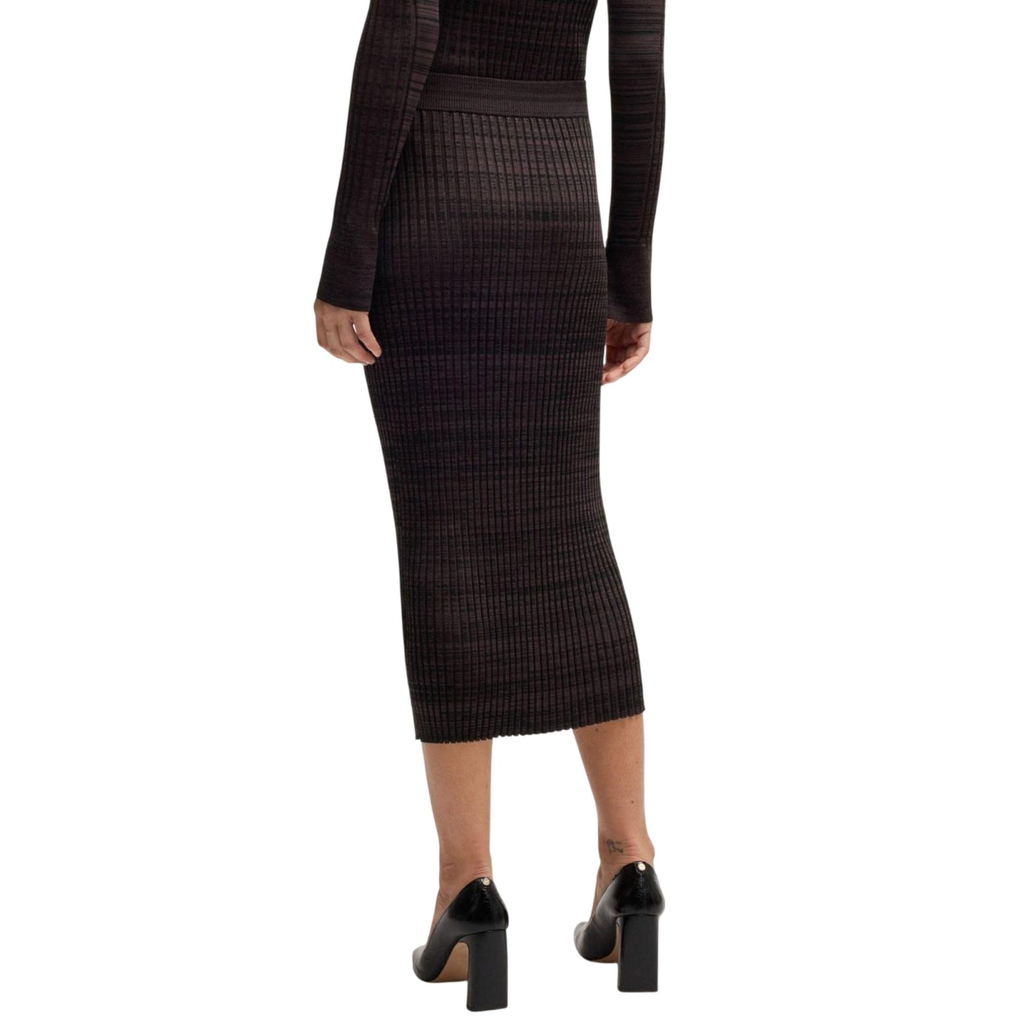 Brown - Back - Boss Womens-Ladies Farmina Ribbed Knitted Midi Skirt