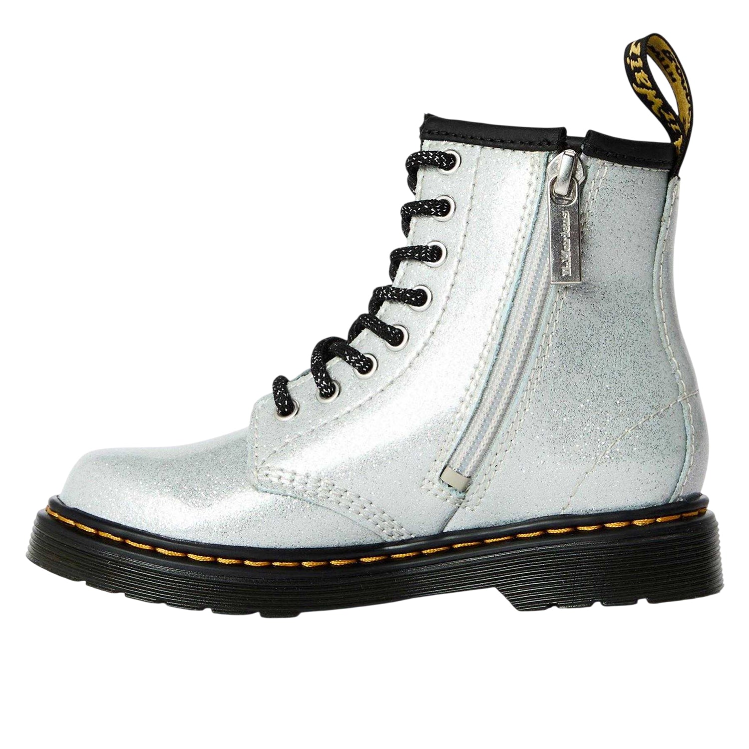 Silver - Back - Dr Martens Childrens-Kids Glitter Leather Lace Up Biker Boots