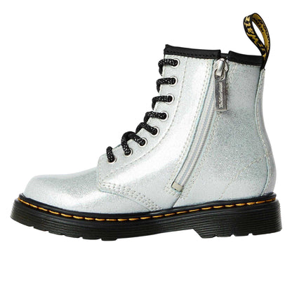 Silver - Back - Dr Martens Childrens-Kids Glitter Leather Lace Up Biker Boots