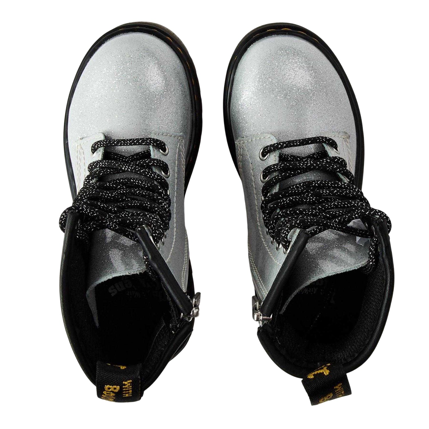 Silver - Side - Dr Martens Childrens-Kids Glitter Leather Lace Up Biker Boots