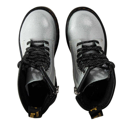 Silver - Side - Dr Martens Childrens-Kids Glitter Leather Lace Up Biker Boots