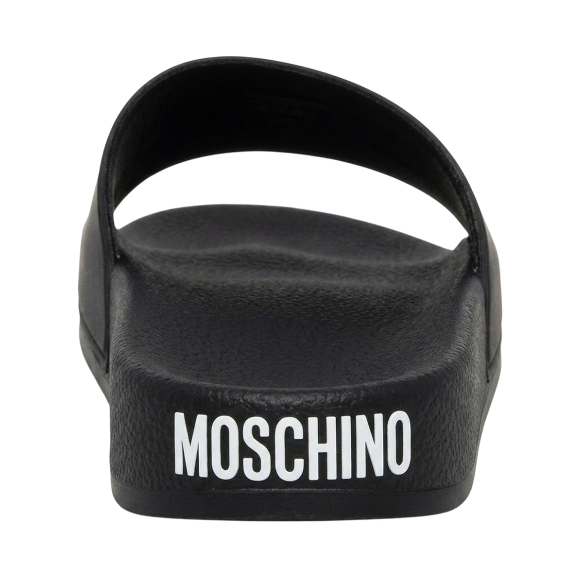 Black - Back - Love Moschino Unisex Adult Embossed Leather Patch Logo Flat Slides