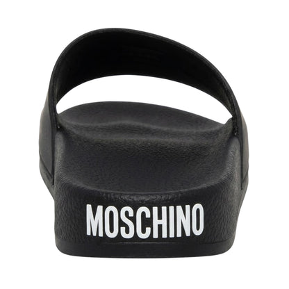 Black - Back - Love Moschino Unisex Adult Embossed Leather Patch Logo Flat Slides