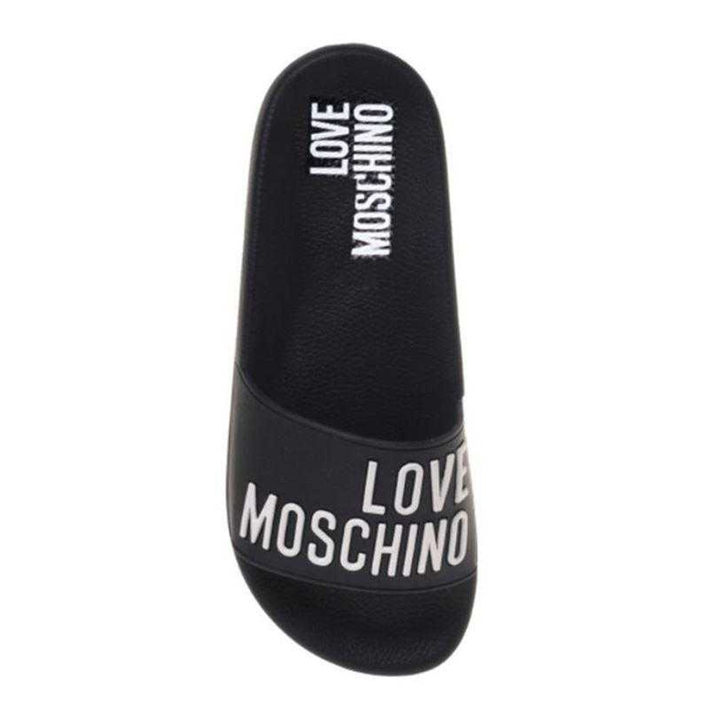 Black - Side - Love Moschino Unisex Adult Embossed Leather Patch Logo Flat Slides