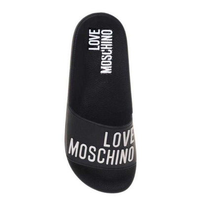 Black - Side - Love Moschino Unisex Adult Embossed Leather Patch Logo Flat Slides