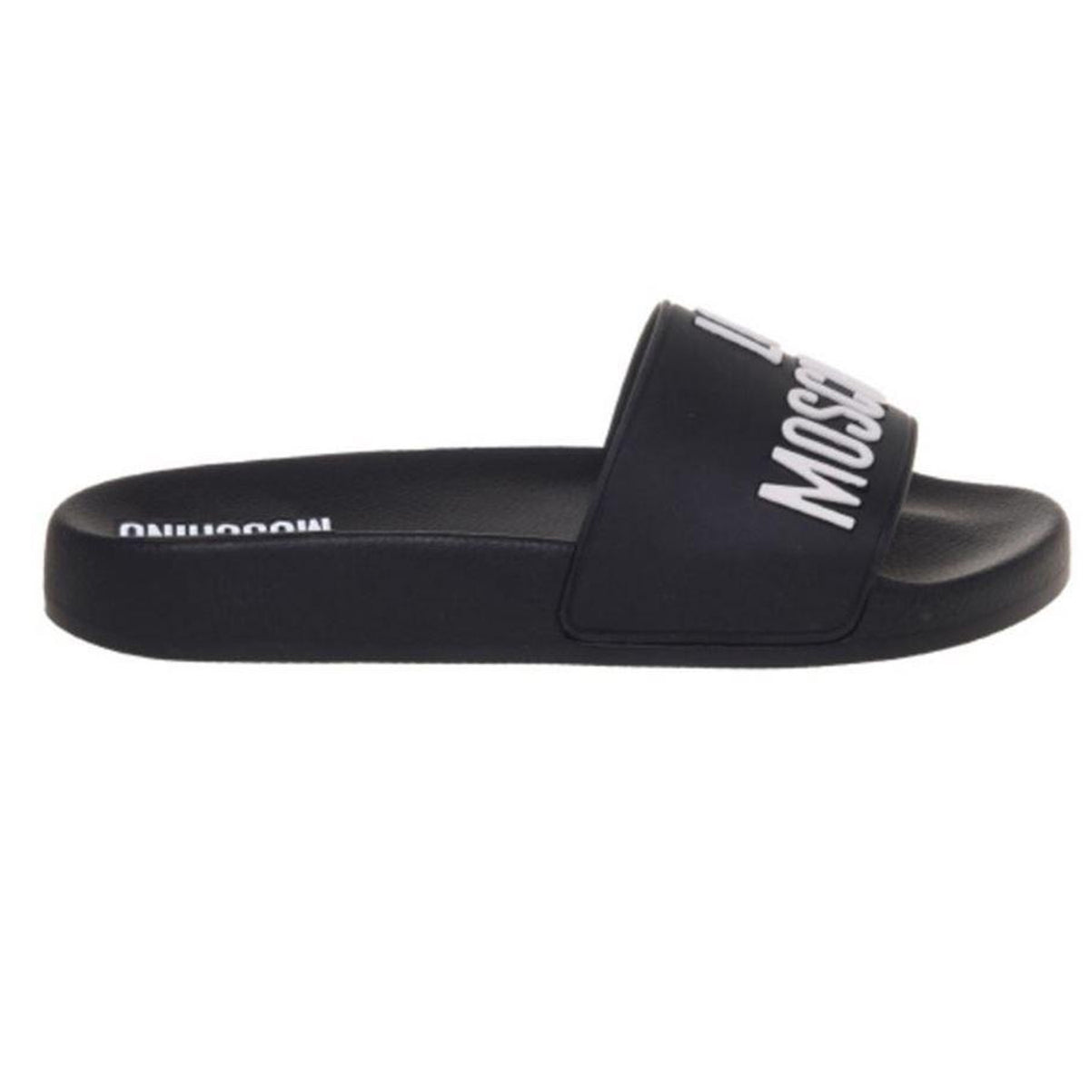 Black - Front - Love Moschino Unisex Adult Embossed Leather Patch Logo Flat Slides
