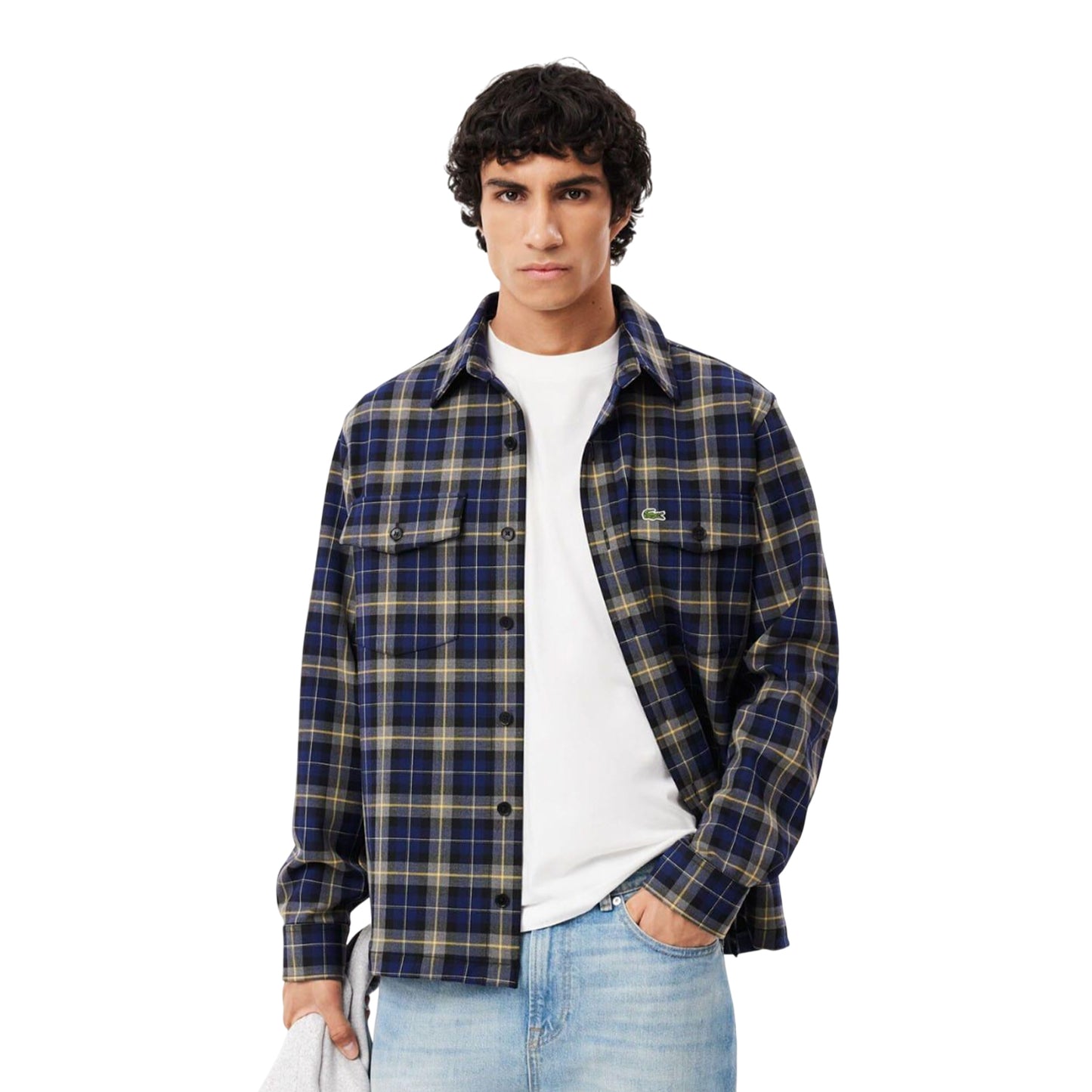 Navy - Pack Shot - Lacoste Mens Checked Oversized Overshirt
