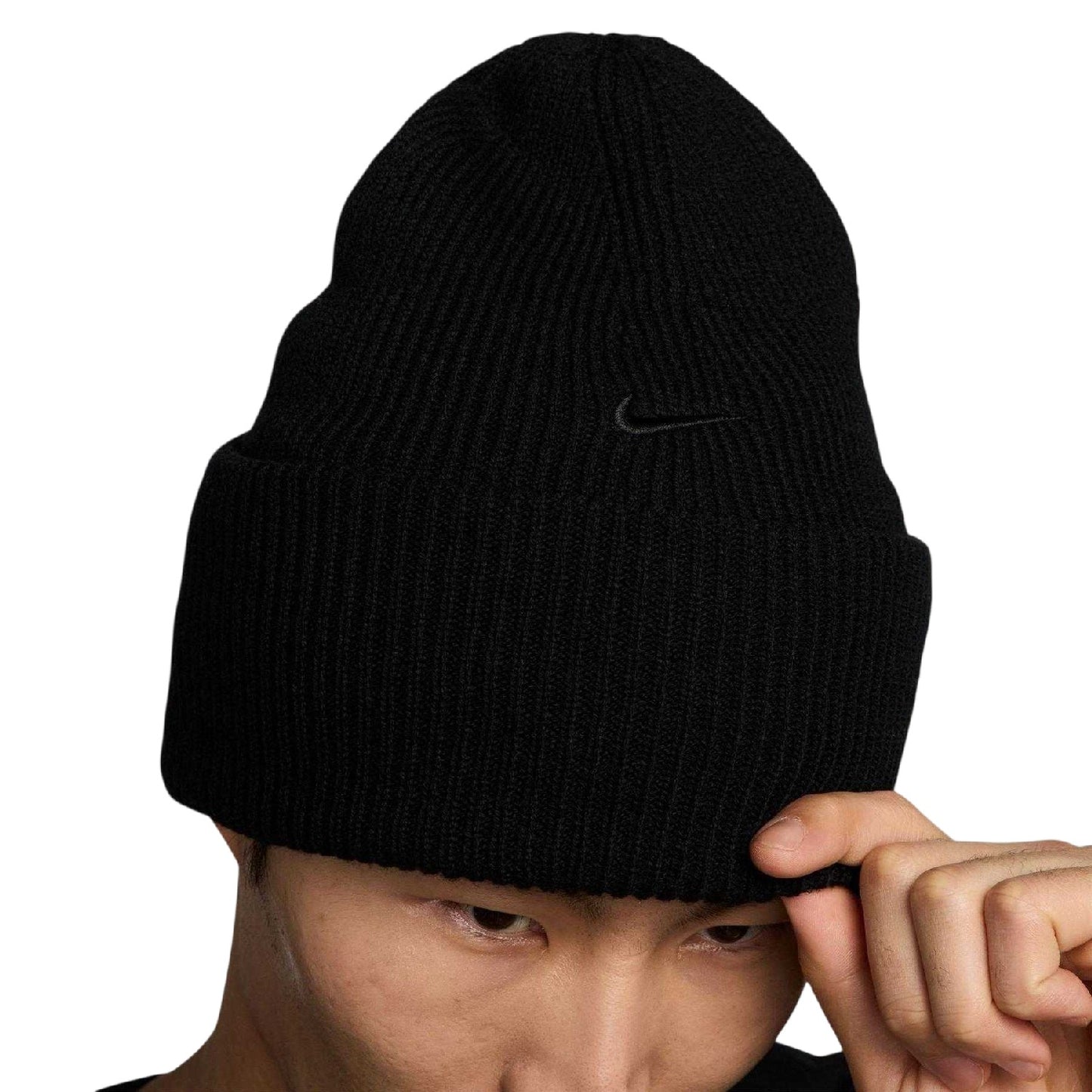 Black - Side - Nike Peak Embroidered Logo Fitted Beanie