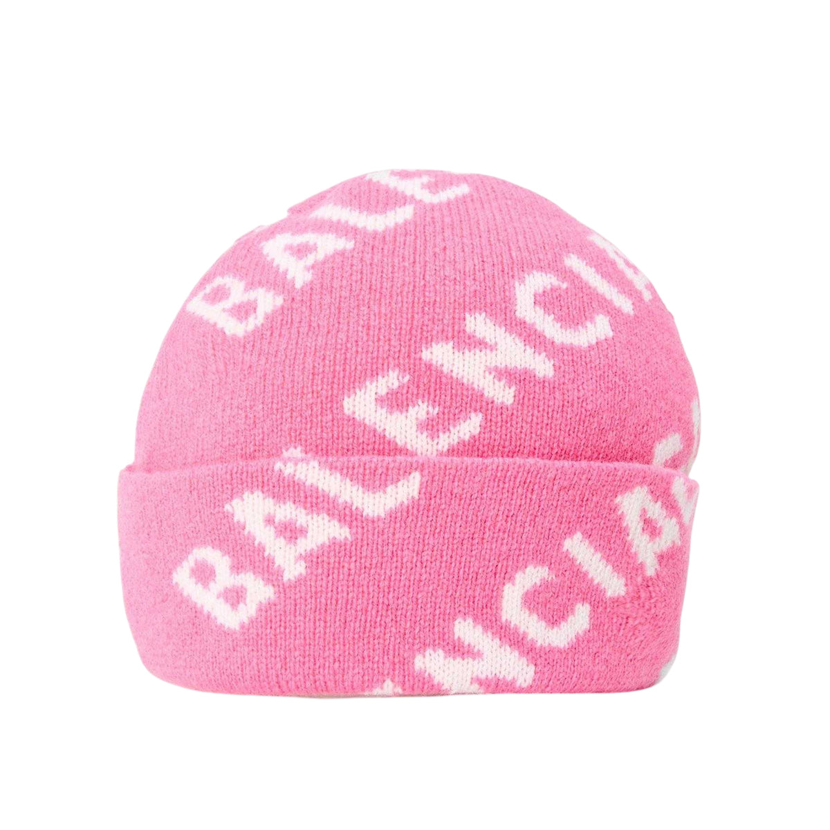 Pink-White - Back - Balenciaga All Over Logo Knitted Beanie