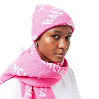 Pink-White - Side - Balenciaga All Over Logo Knitted Beanie
