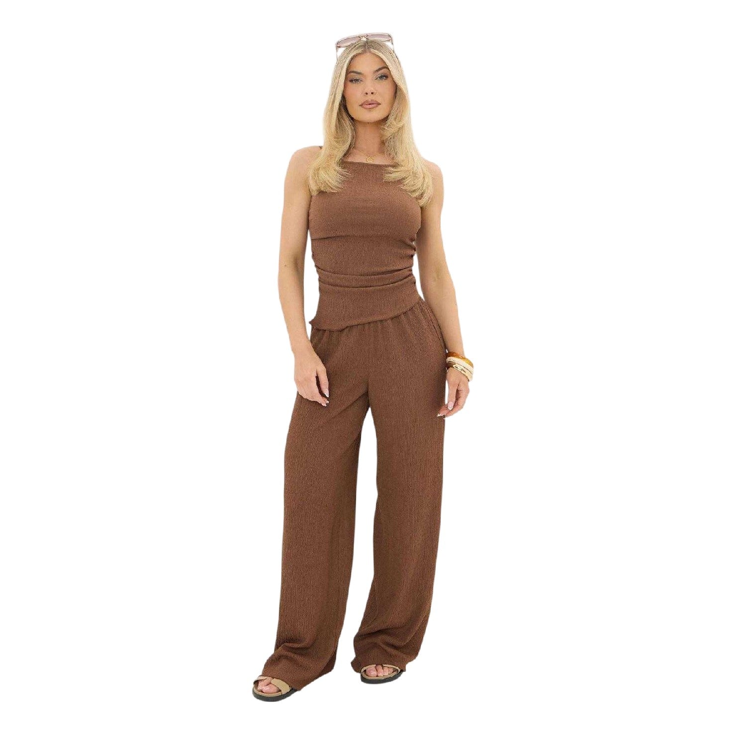 Brown - Side - I Saw It First Womens-Ladies Textured Wide Leg Trousers