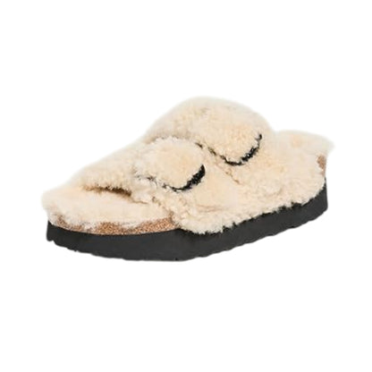 Eggshell - Side - Birkenstock Womens-Ladies Arizona Teddy Fur Buckle Platform Sandals