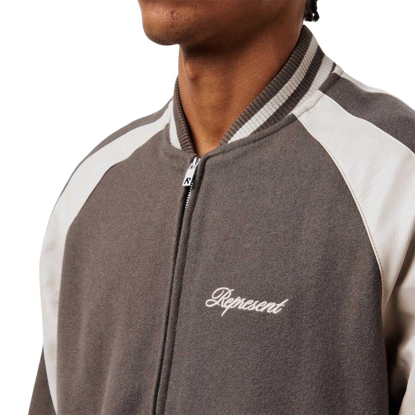 Stone - Side - Represent Mens Embroidered Logo Snap Varsity Jacket