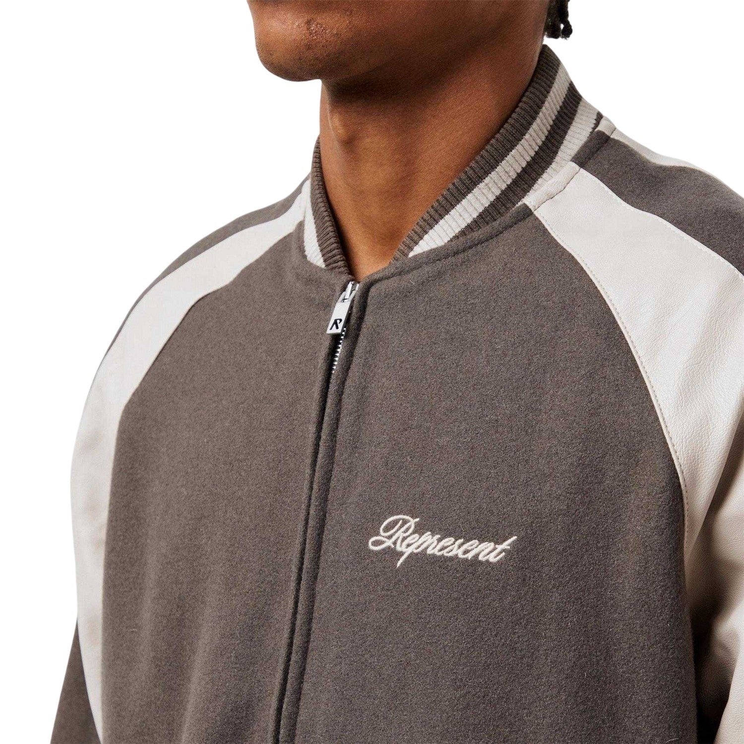 Stone - Side - Represent Mens Embroidered Logo Snap Varsity Jacket