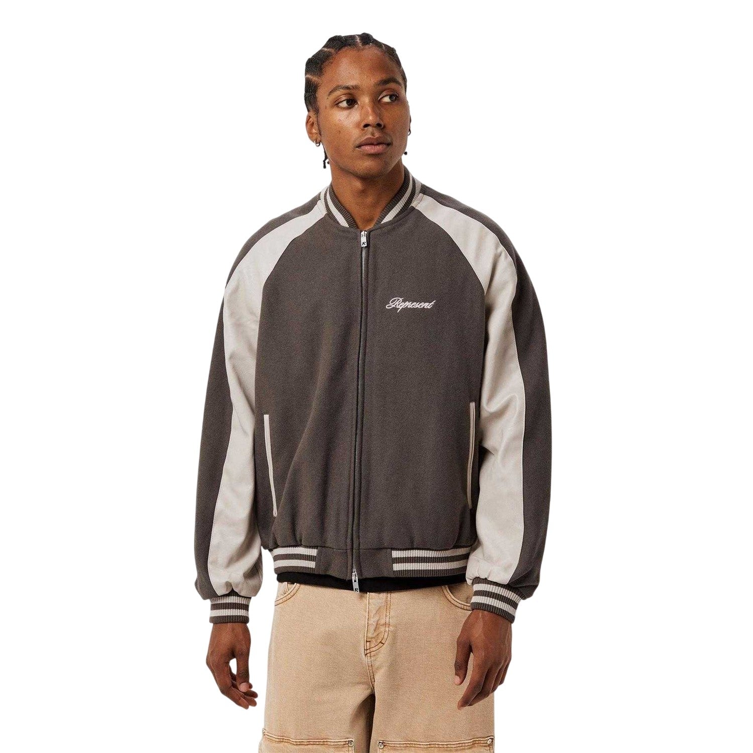 Stone - Lifestyle - Represent Mens Embroidered Logo Snap Varsity Jacket
