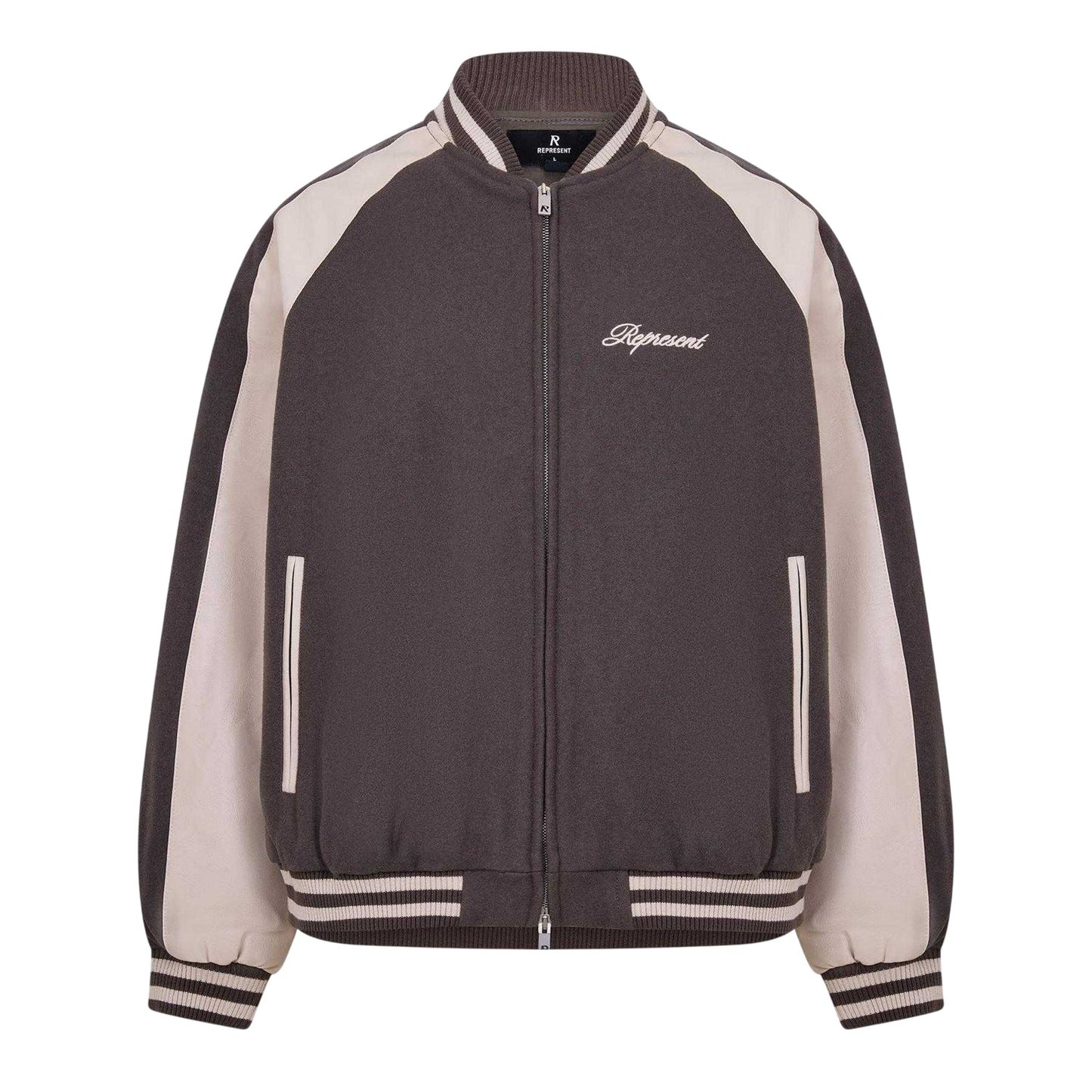 Stone - Front - Represent Mens Embroidered Logo Snap Varsity Jacket