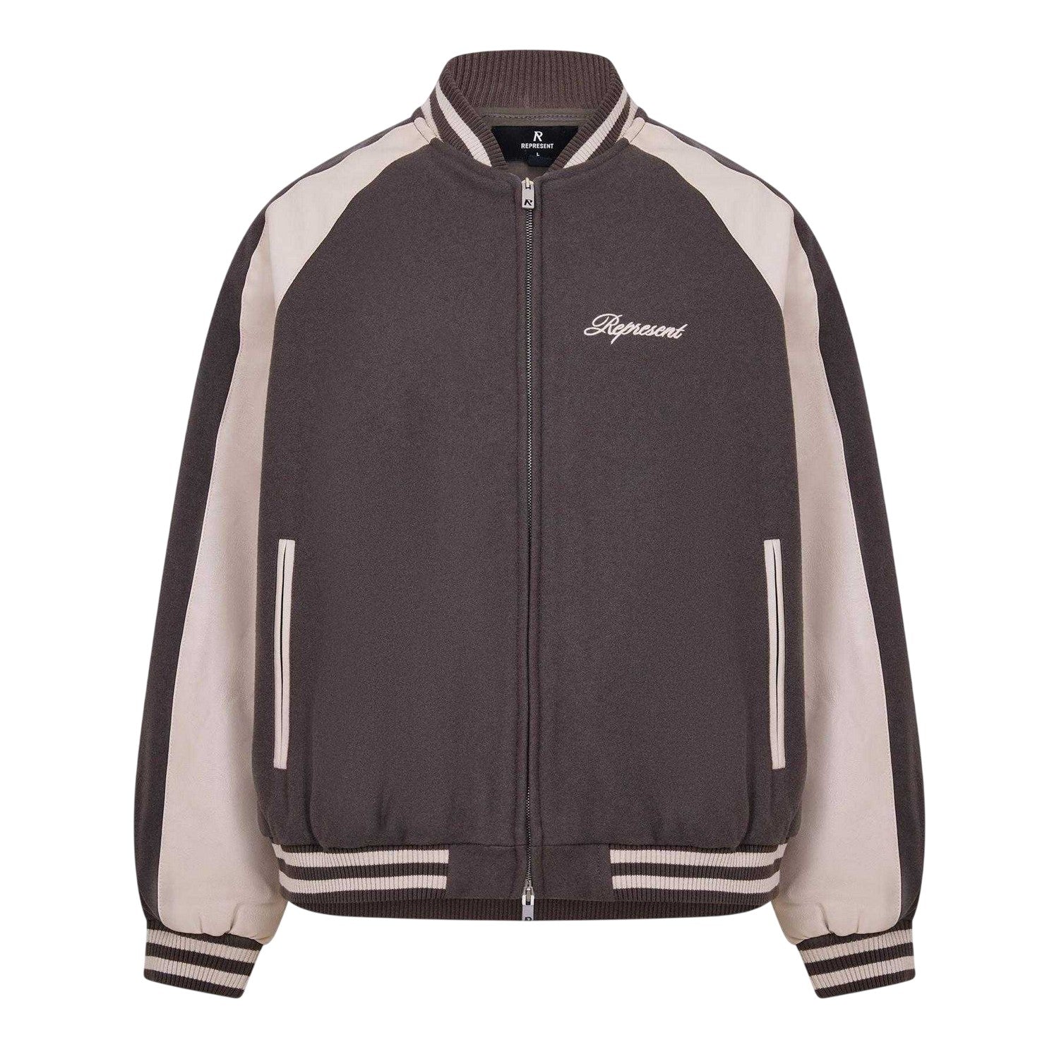 Stone - Front - Represent Mens Embroidered Logo Snap Varsity Jacket
