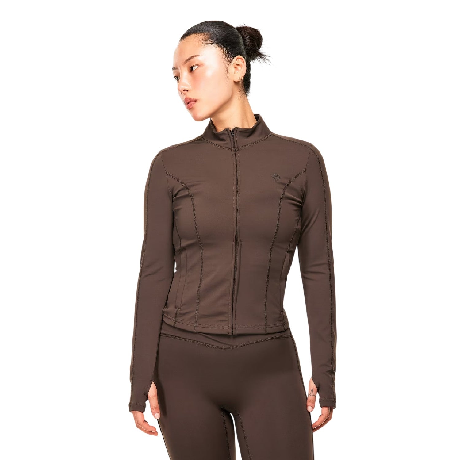 Chocolate - Side - Couture Club Womens-Ladies Tonal Logo Sculpting Fitted Jacket