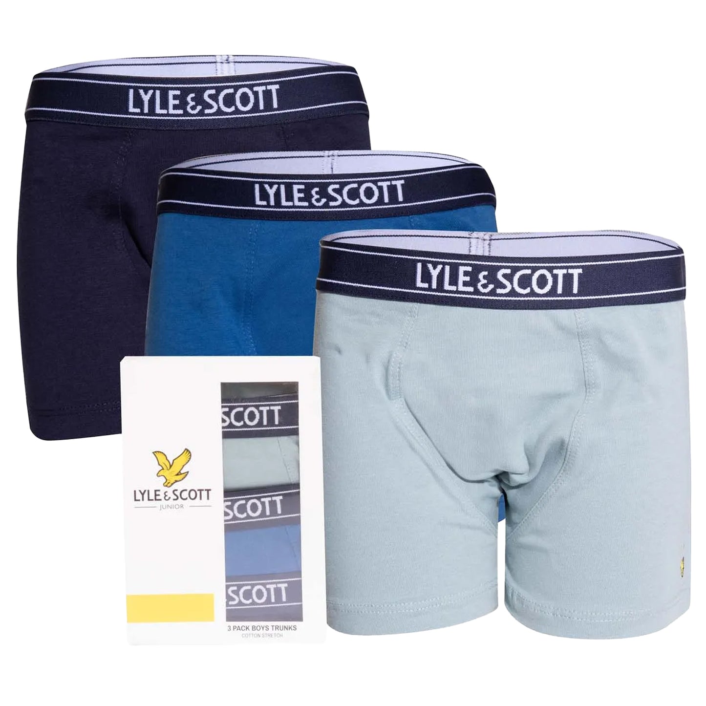 Light Blue-Blue-Navy - Front - Lyle & Scott Boys Chadwick Boxer Shorts (Pack of 3)