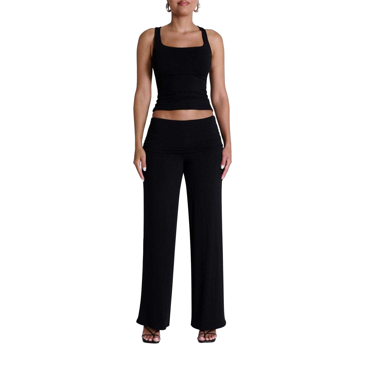 Black - Lifestyle - Naked Wardrobe Womens-Ladies Fold Over Wide Leg Trousers