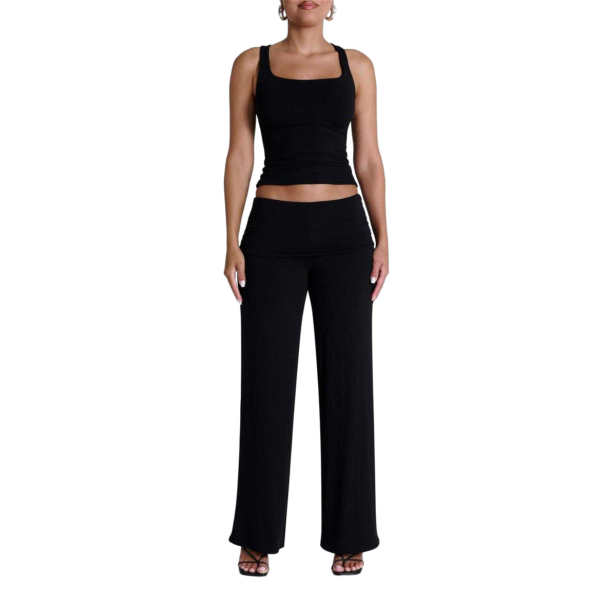 Black - Lifestyle - Naked Wardrobe Womens-Ladies Fold Over Wide Leg Trousers