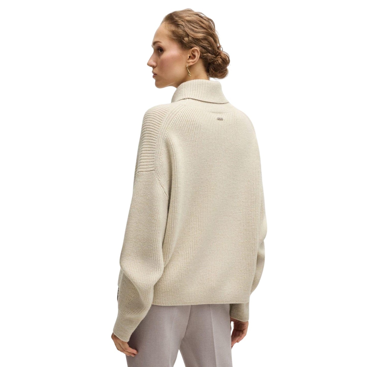Beige - Back - Boss Womens-Ladies Fernadina Ribbed Roll Neck Sweater Top