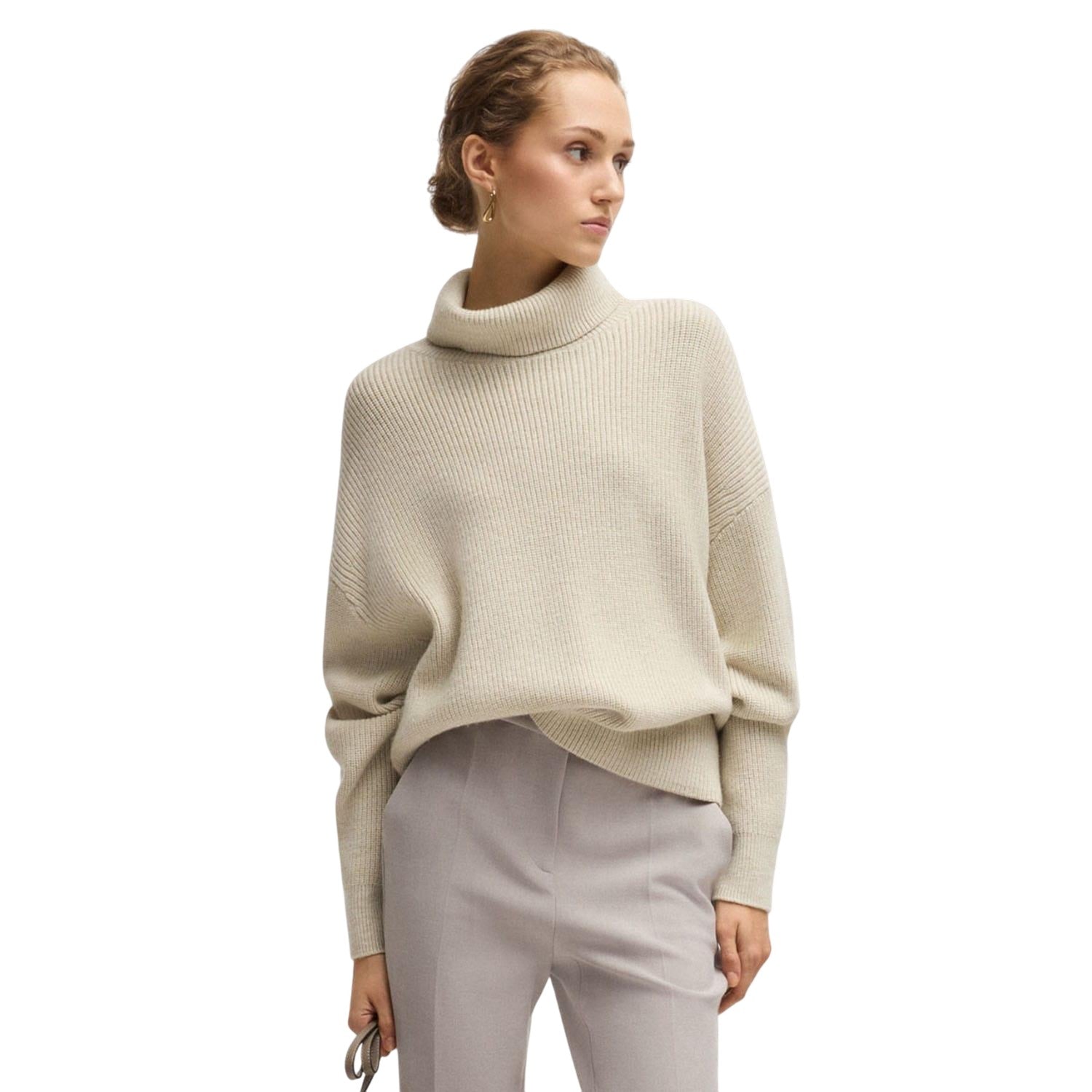 Beige - Lifestyle - Boss Womens-Ladies Fernadina Ribbed Roll Neck Sweater Top