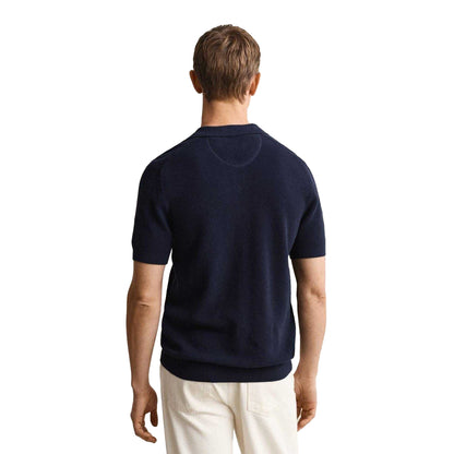 Evening Blue - Back - Gant Mens Textured Short-Sleeved Polo Shirt