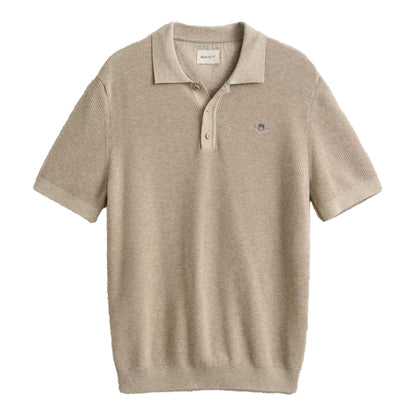 Oat Melange - Front - Gant Mens Textured Short-Sleeved Polo Shirt