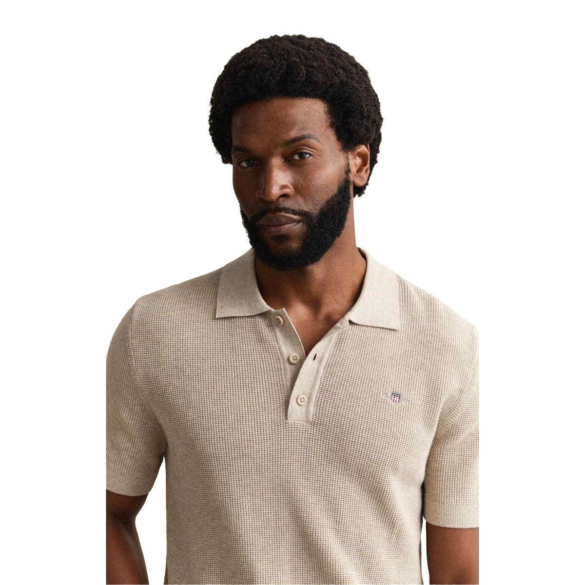 Oat Melange - Side - Gant Mens Textured Short-Sleeved Polo Shirt