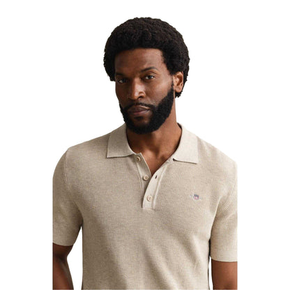 Oat Melange - Side - Gant Mens Textured Short-Sleeved Polo Shirt