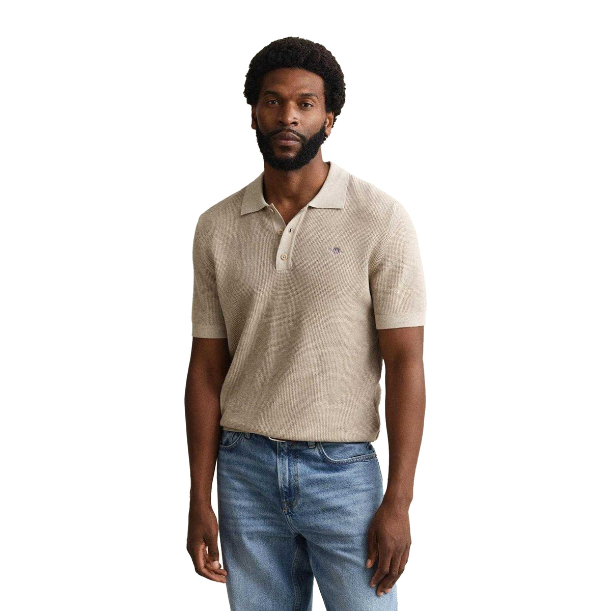 Oat Melange - Lifestyle - Gant Mens Textured Short-Sleeved Polo Shirt