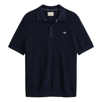 Evening Blue - Front - Gant Mens Textured Short-Sleeved Polo Shirt