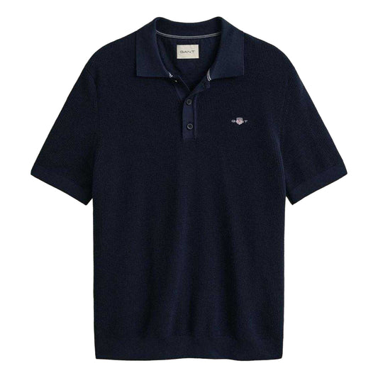 Evening Blue - Front - Gant Mens Textured Short-Sleeved Polo Shirt