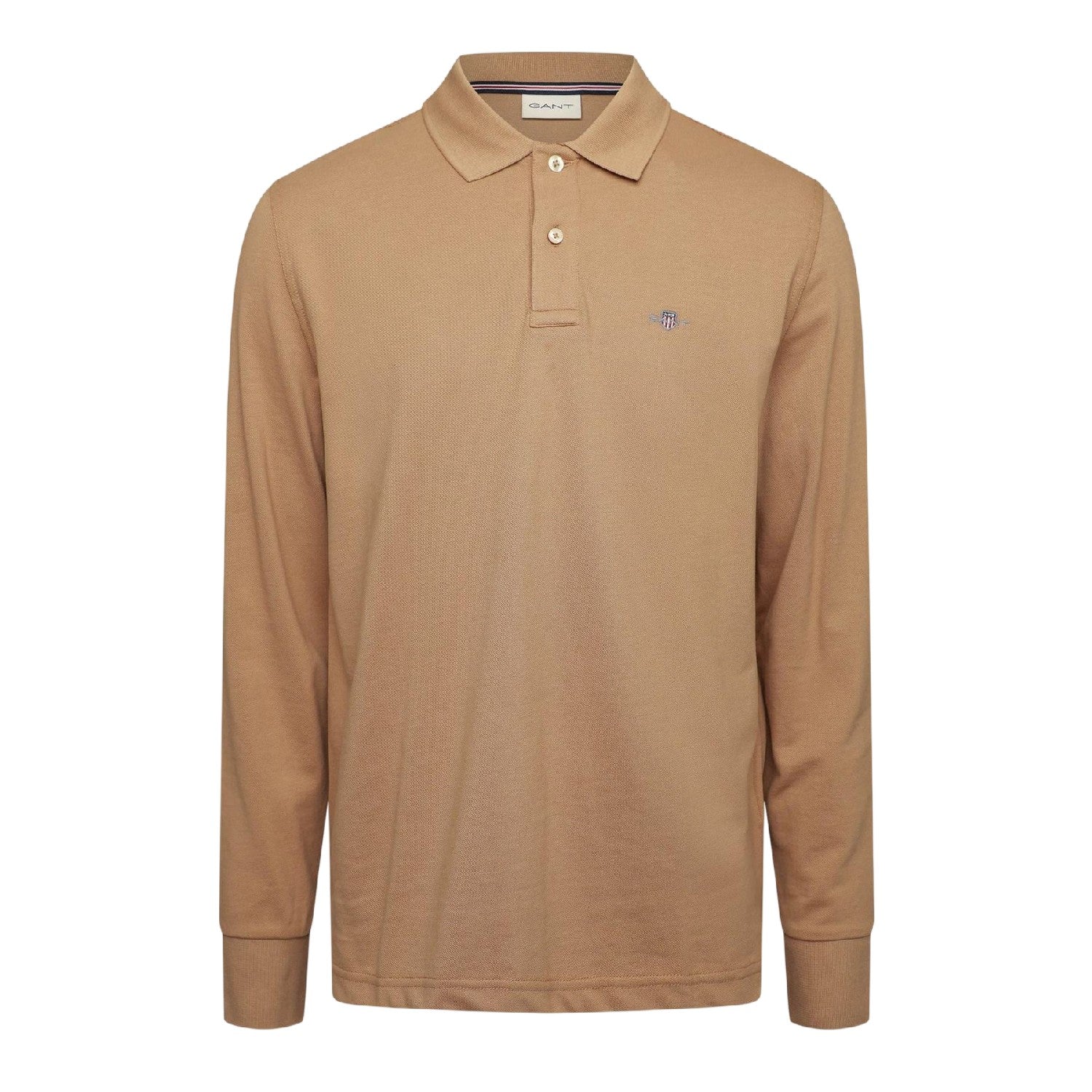 Caramel Brown - Front - Gant Mens Embroidered Logo Long-Sleeved Polo Shirt
