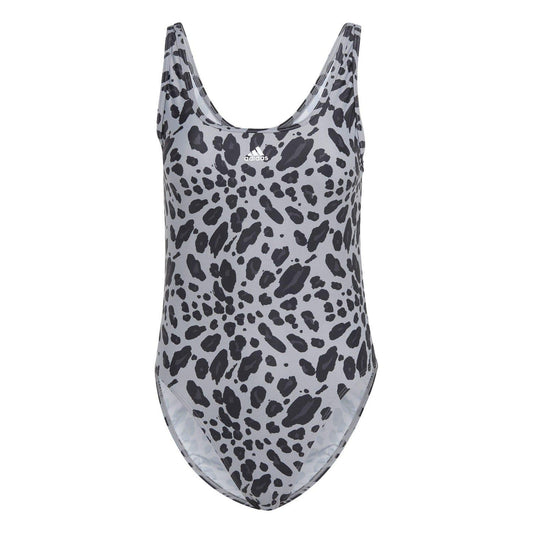 Black-Grey - Front - Adidas Womens-Ladies Essentials Animal Print U-Back One Piece Swimsuit